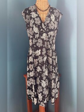 Chaps Black White Floral Dress Surplice V-Neck Stretchy Sleeveless Size Large